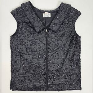 Vintage Herald Hong Kong Sequin Floral Motif Zip Top Vest Black Small 34Waist